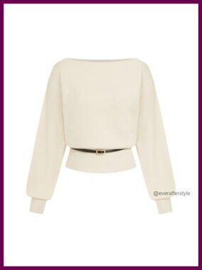 Cropped Knit Sweater Boat Neck Belted Pullover Women Soft Jersey Warm